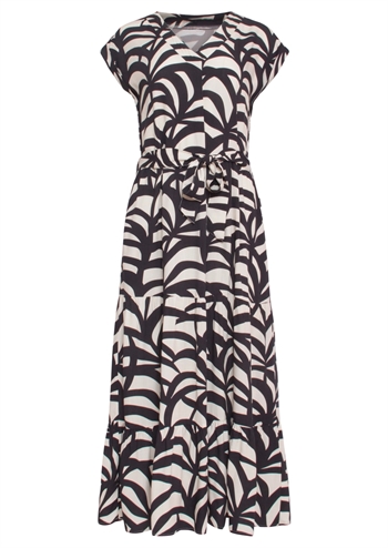 Flot sandfarvet kjole med sort grafisk print, sidelommer og bindebånd fra Smashed Lemon